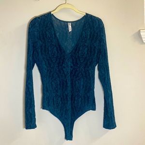 Free People Sheer Velvet Design Teal Bodysuit with Snap Closure